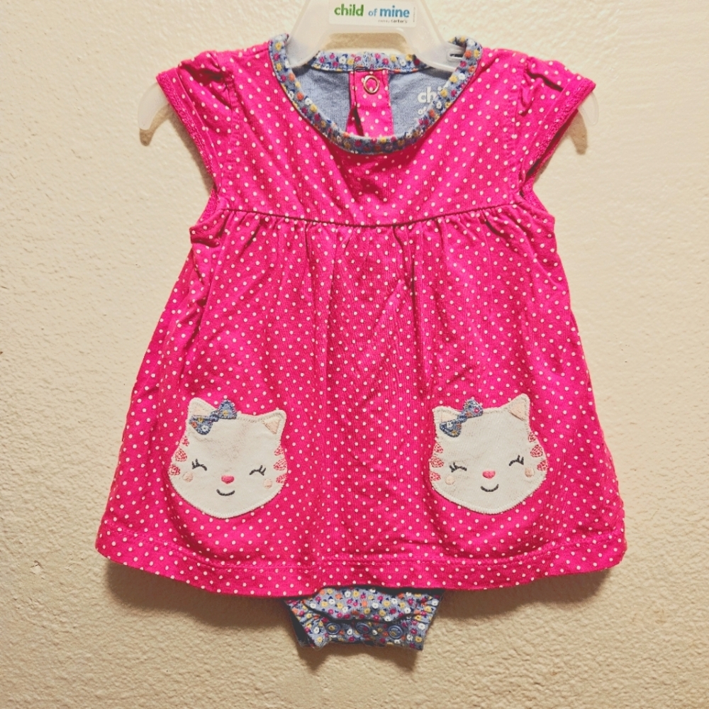2/$6 Carter's pink polka dot kitty onesie dress 3-6 months baby